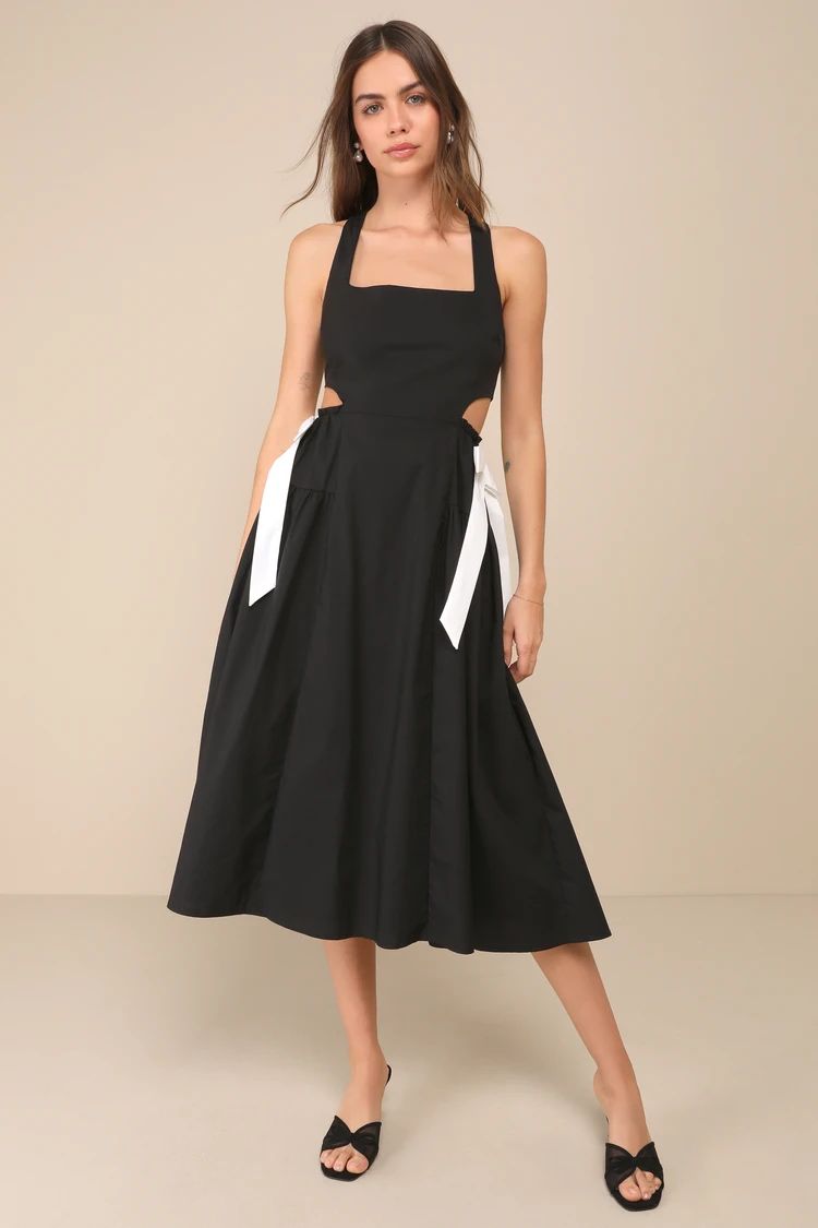 Black Cutout Bow Sleeveless Midi Skater Dress | Black Midi Dress | Black Summer Dress | Lulus