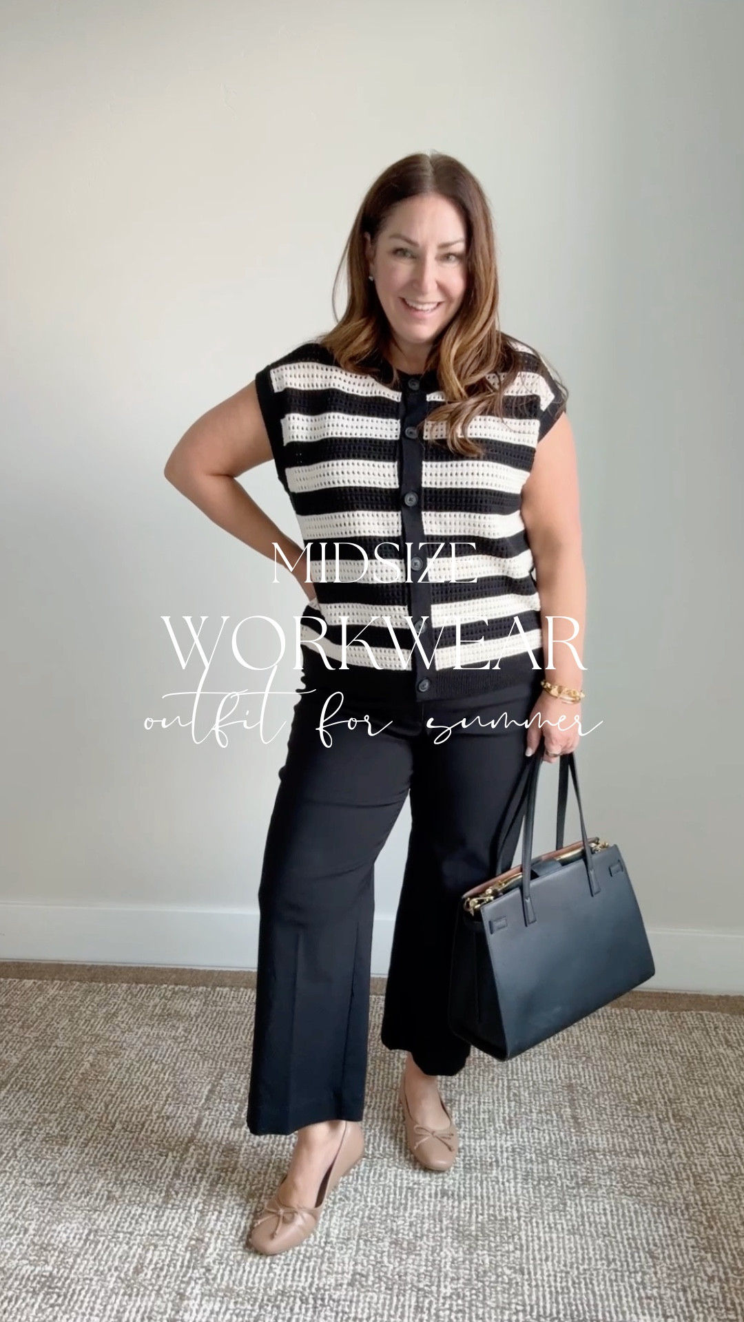 Summer workwear outfit wearing large in knit vest, 2XL in shaping tank and 2.5 (14/L) in pants 
