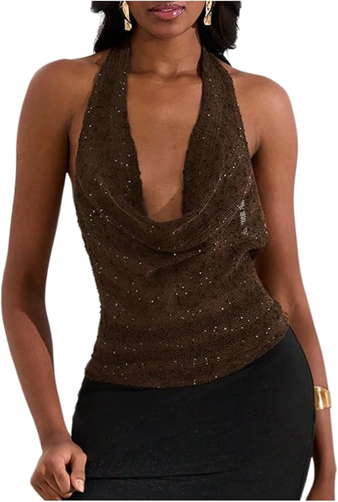MakeMeChic Women's Sparkly Sequin Tops Cowl Neck Halter Top Blackless Rave Tops Going Out | Amazon (US)