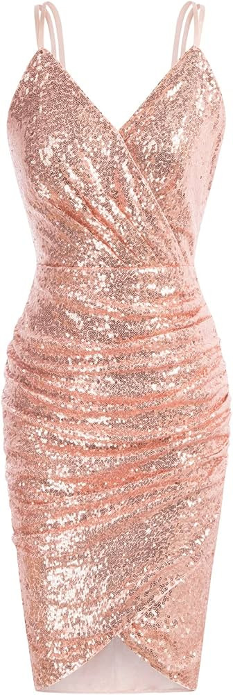 GRACE KARIN Women's Sexy Sequin Sparkly Glitter Ruched Party Club Dress Spaghetti Straps Wrap V-Neck | Amazon (US)