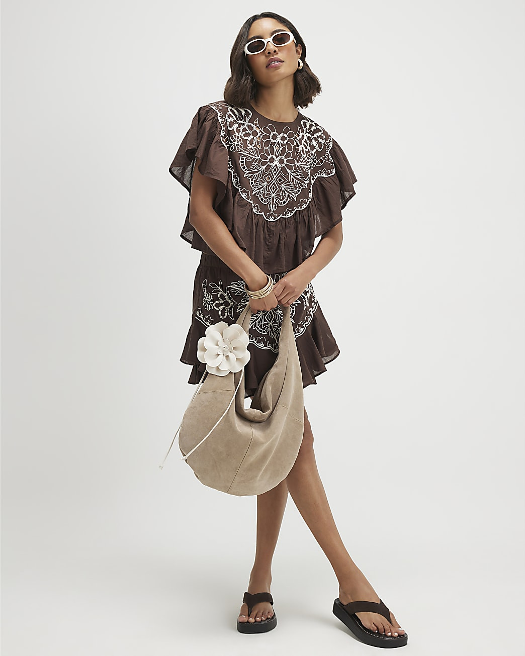 Brown Cotton Embroidered Mini Skirt | River Island UK & IE