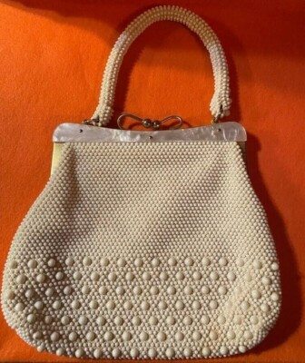 VTG MCM Antique 1950-60's Beaded Ecru Lumured Corde Handbag Purse Lucite Frame  | eBay | eBay US
