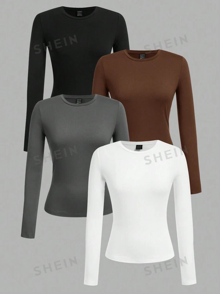 SHEIN EZwear 4pcs Women Casual Crew Neck Long Sleeve Fitted Long T-Shirt Set, Autumn/Winter | SHEIN