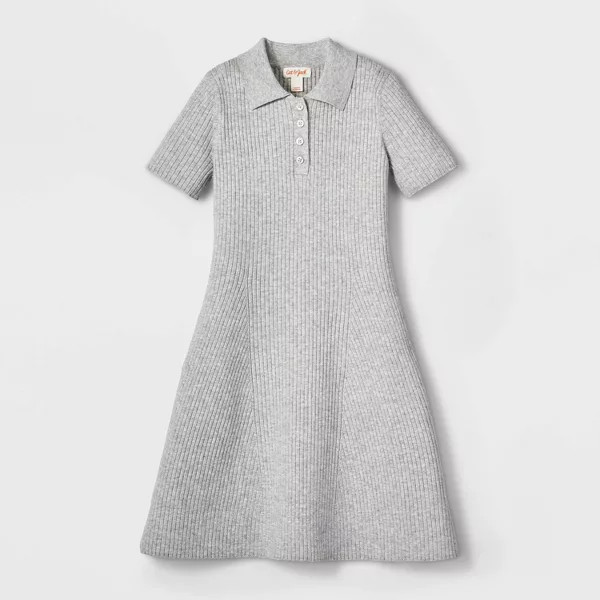 Girls' Short Sleeve Ribbed Polo Sweater Dress - Cat & Jack™ Heather Gray XS | Target
