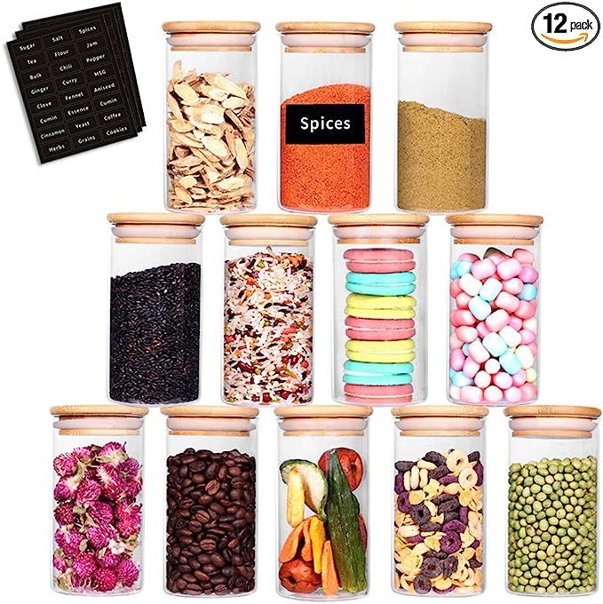 SAIOOL Glass Jars Set of 12,Upgrade Spice Jars Glass with Wood Airtight Lids and Labels, 8.5oz Sm... | Amazon (US)