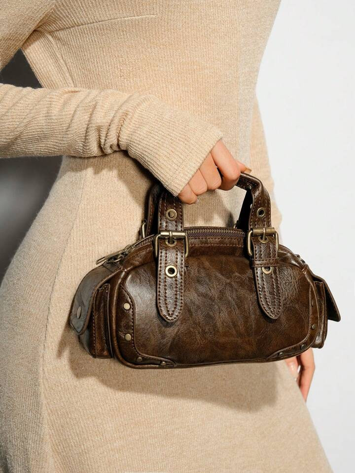 SHEIN BAE Vintage Brown Leather Handbag | SHEIN