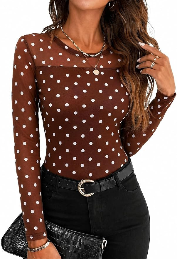 Tankaneo Womens Polka Dot Mesh Long Sleeve T-Shirt Y2K Sheer Going Out Tops | Cute Mesh Top, Flor... | Amazon (US)