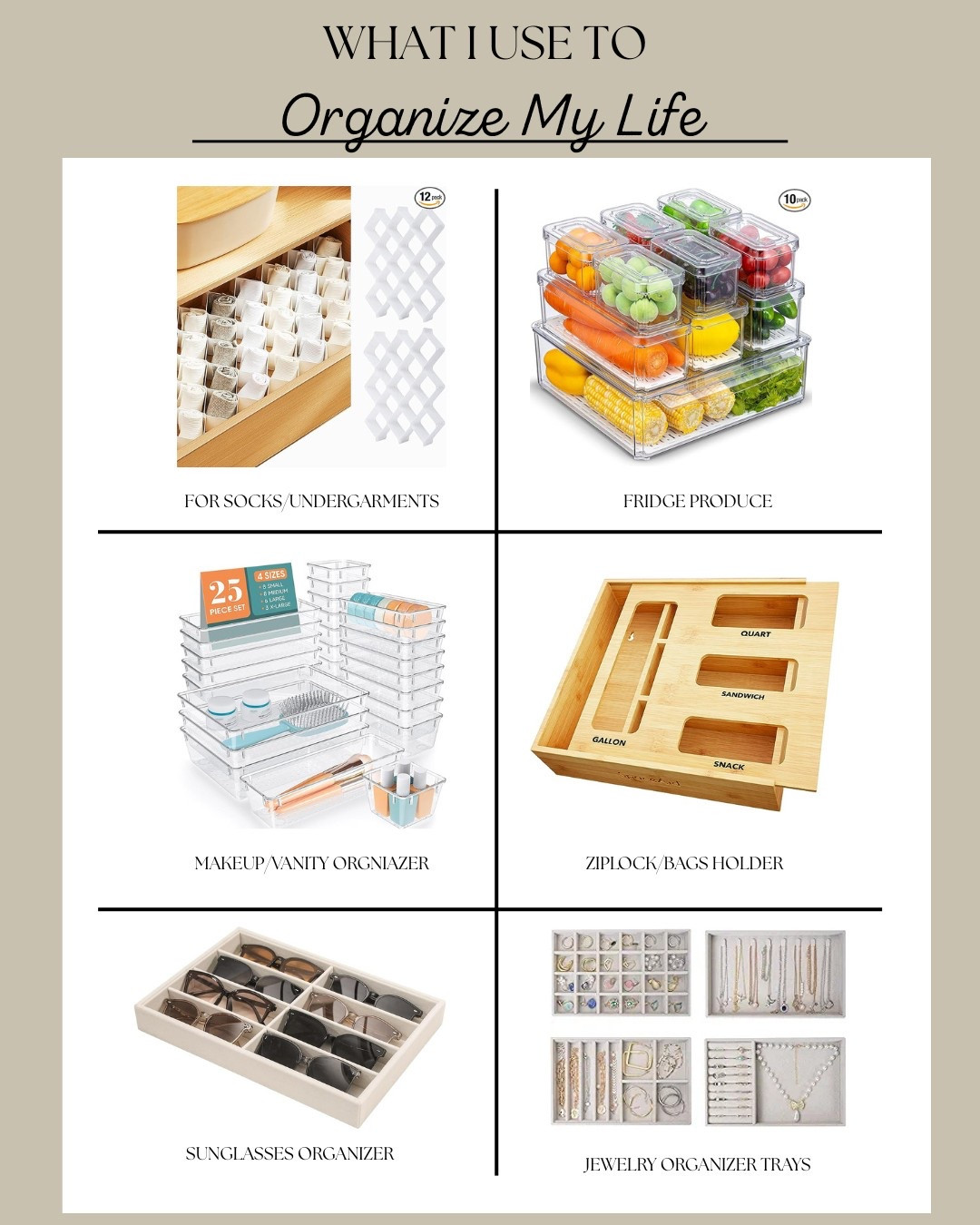 ✨ What I Use to Organize My Life ✨
From fridge produce to vanity drawers, these are my go-to Amazon finds that make staying organized feel effortless and aesthetic. 💅🏽

🧦 Socks + Undergarments
🥒 Fridge Produce
💄 Makeup Vanity
🧺 Ziplock Bag Holder
🕶️ Sunglasses Storage
💍 Jewelry Organizer Trays

Tap to shop + follow for more home + lifestyle faves! 🛍️
#AmazonFinds #HomeOrganization #LTKHome #GetOrganized #AestheticStorage #OrganizedLife #LTKFinds #LTKunder50 #HomeHacks

#LTKHome #LTKFamily #LTKFindsUnder50