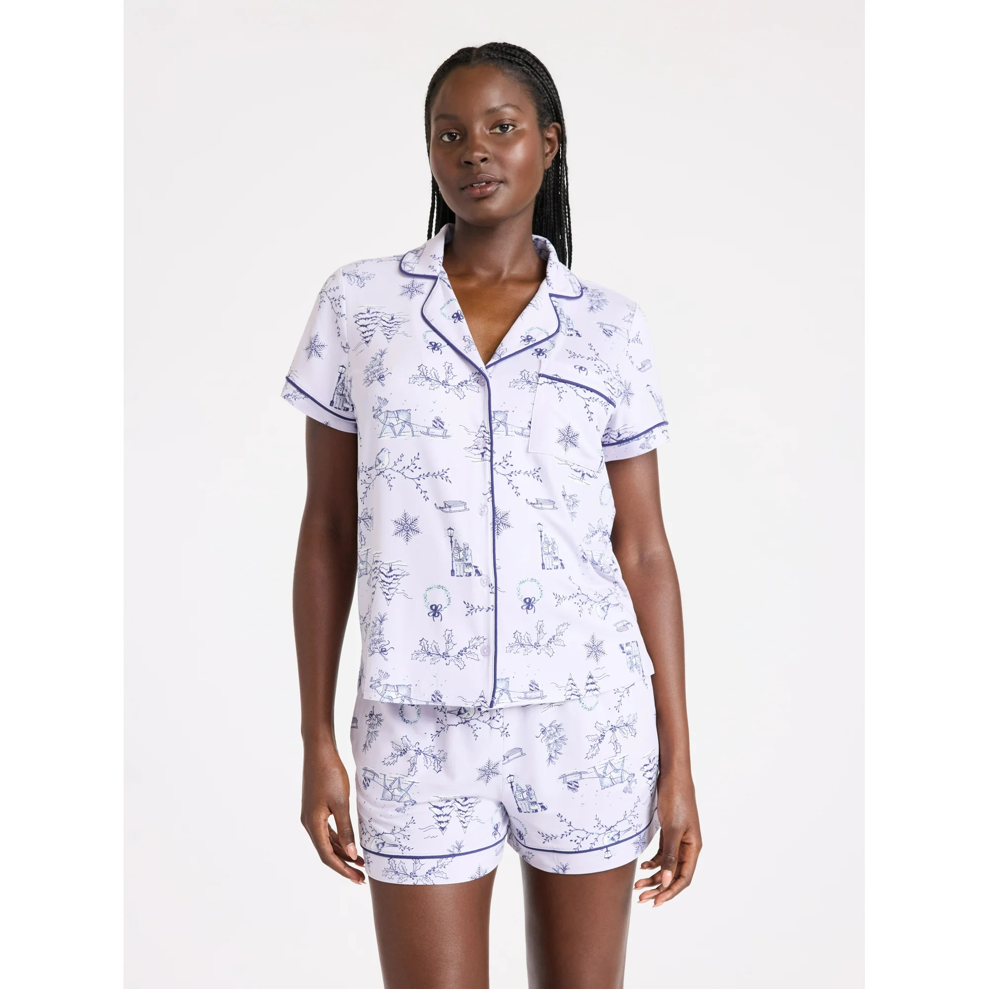 Joyspun Women’s Dreamy Soft Collection Notch Collar Knit Top and Boxer Shorts Pajama Set, Sizes... | Walmart (US)