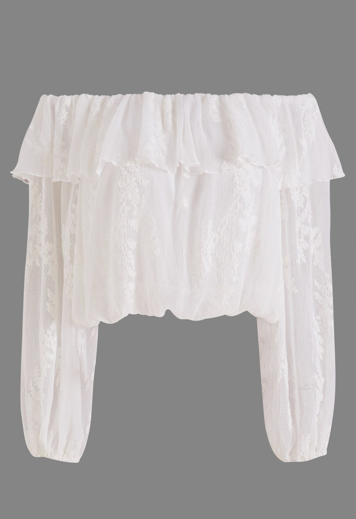 Embroidered Vine Off-Shoulder Puff Sleeve Crop Top in White for Romantic Getaways & Vacation | Chicwish