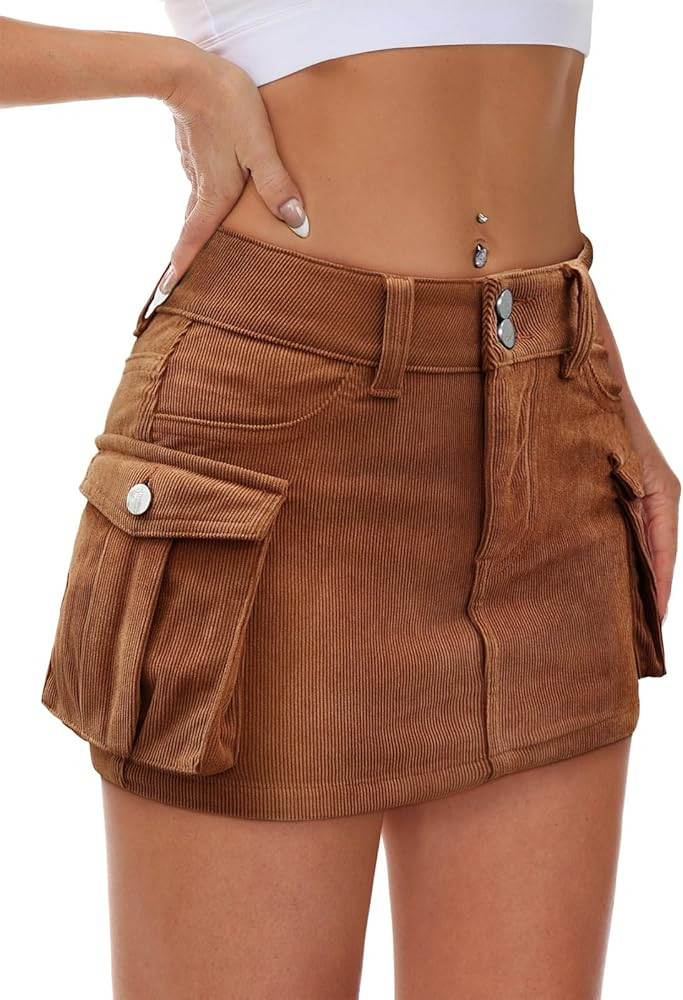 Women Denim Cargo Skirt Mini Low Waist Button Bodycon Y2K Flap Pockets Skirts | Amazon (US)