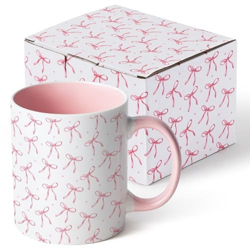 R HORSE Pink Bow Coffee Cup - 11.2oz Watercolor Ceramic Coffee Mug, Cute Coquette Tea Milk Cup for Office and Home, Aesthetic Christmas Birthday Gifts for Girls Teens Women Friends Mom | Amazon (US)