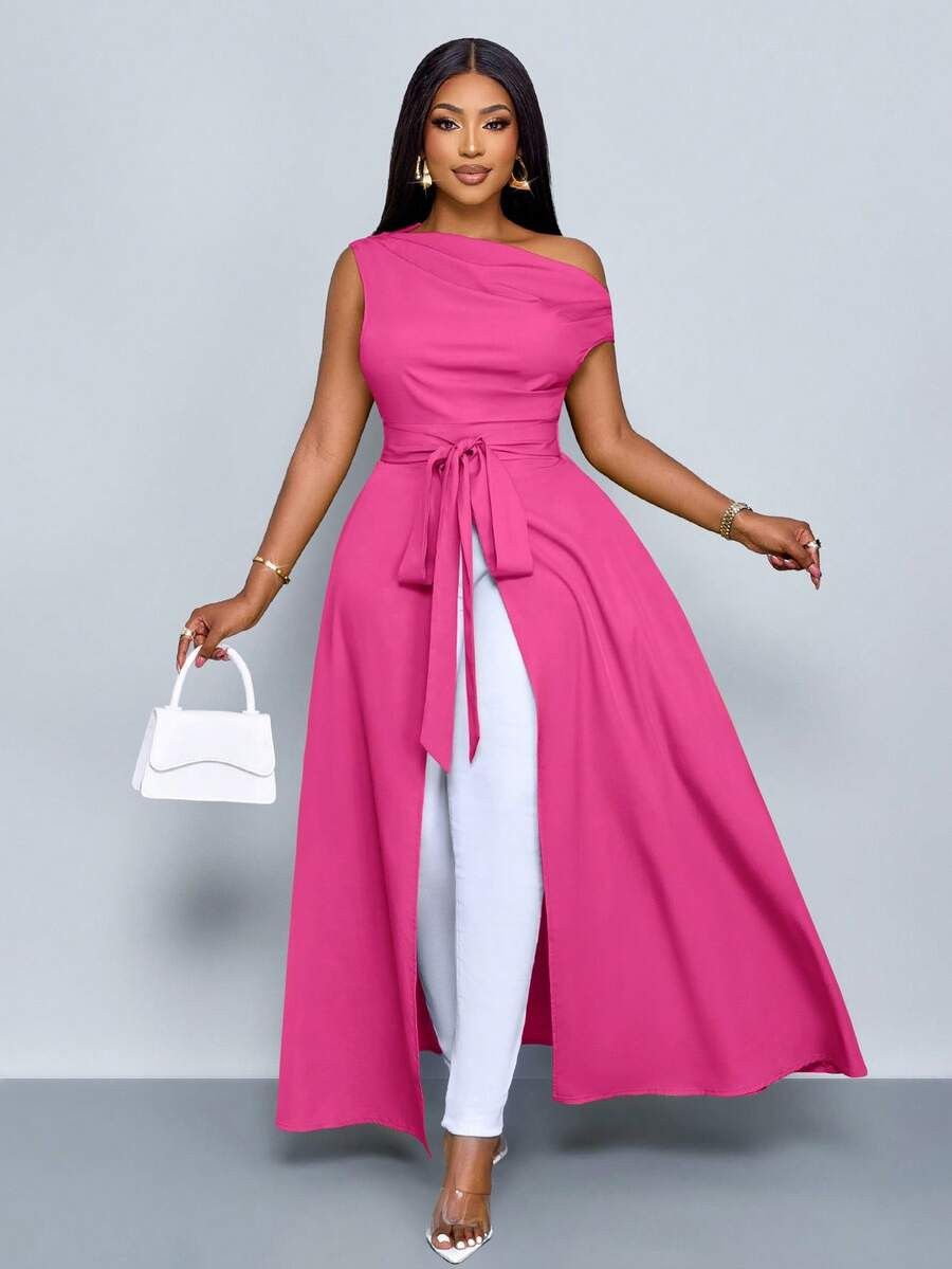 SOLERSUN Women's Plus Size Solid Color Sleeveless Diagonal Neckline Top With High Slit Skirt And ... | SHEIN