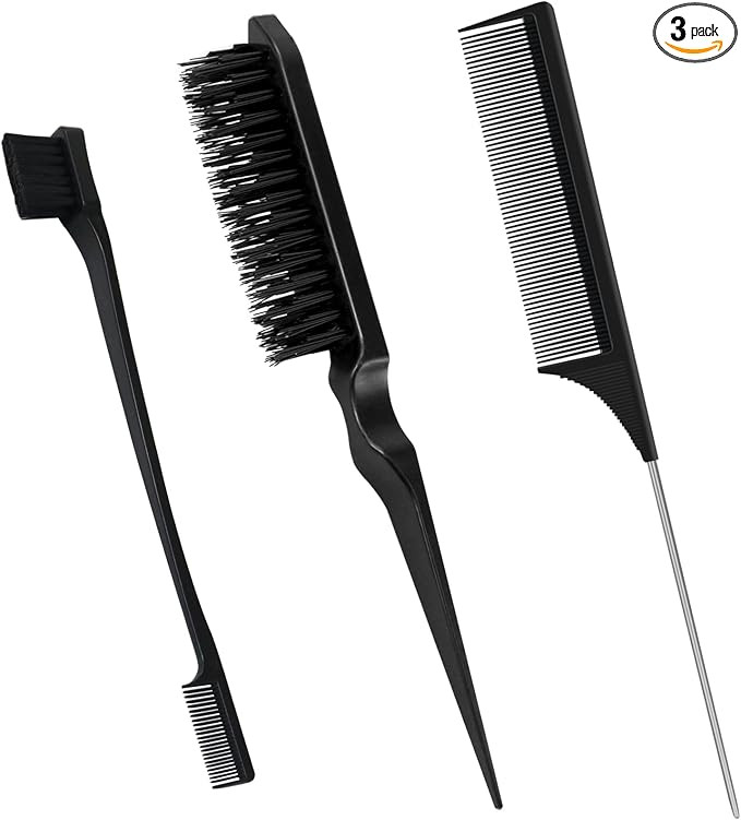 3 Pcs Slick Brush Set, Plastic Bristle Hair Brush and Teasing Comb, Rat Tail Comb Double Sided Ed... | Amazon (UK)