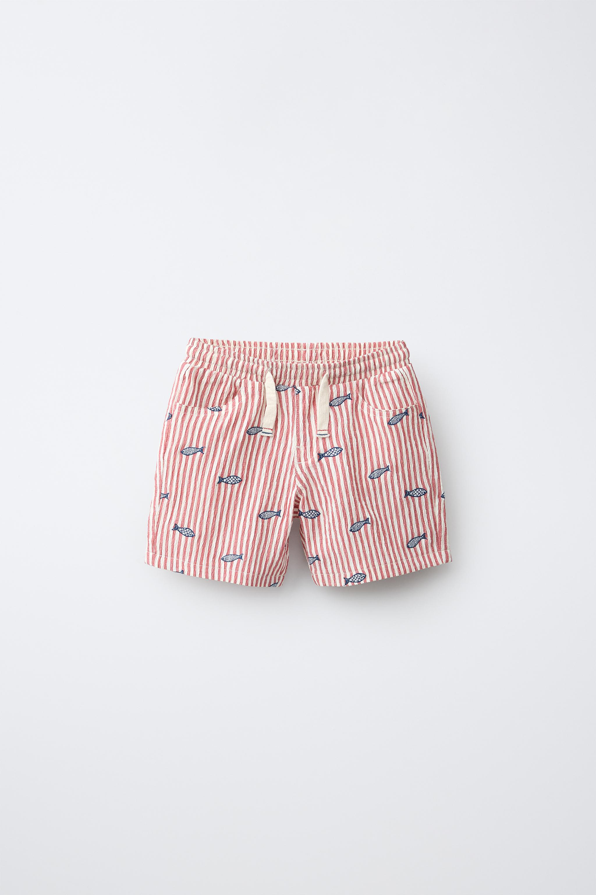 EMBROIDERED FISH SEERSUCKER STRIPED SHORTS | Zara US