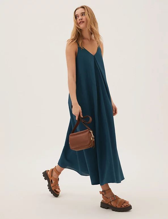 Linen Rich V-Neck Pleated Midi Slip Dress | M&S Collection | M&S | Marks & Spencer (UK)