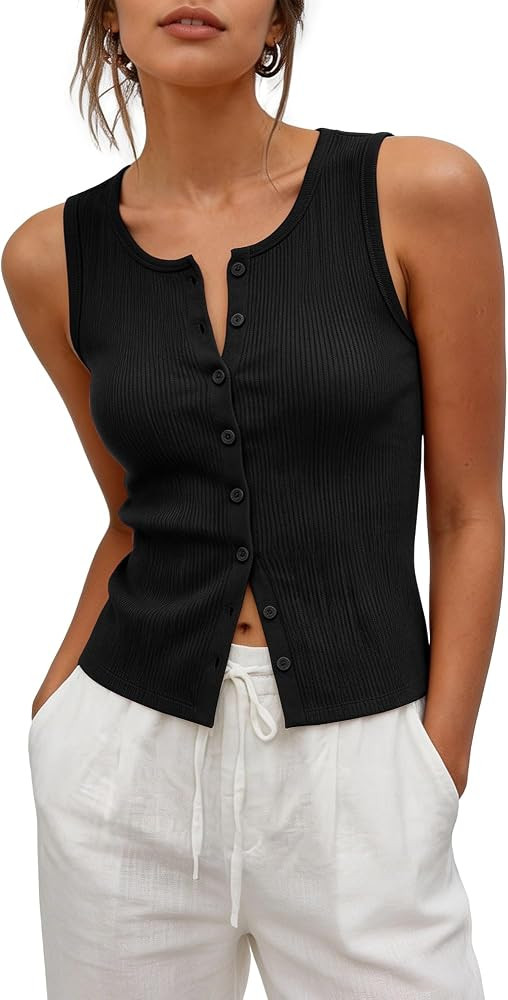 Womens Sleeveless Button Down Shirts Cropped Lightweight Crew Neck Ribbed Knit Tank Top Y2K Cloth... | Amazon (US)