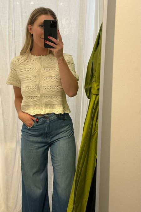 White crochet crop top with wide leg denim spring uniform  