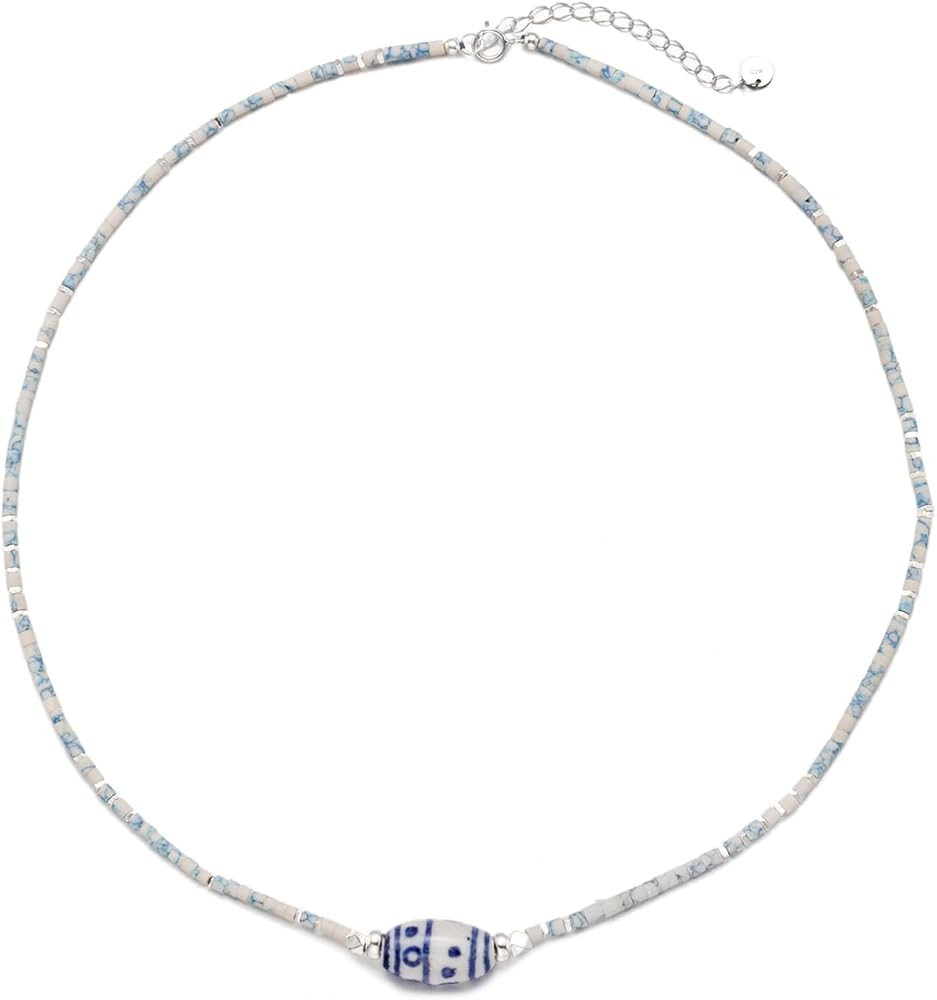 Handmade Beaded Choker Necklace for Women men with Blue and White porcelain, 925 sterling silver,... | Amazon (US)