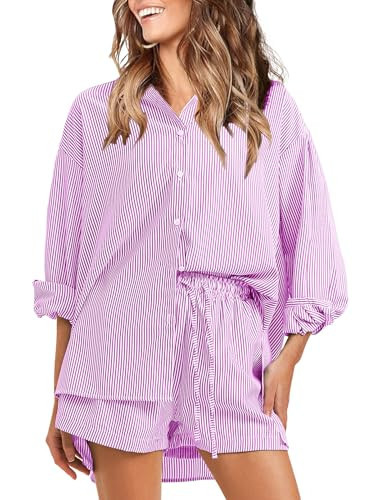 EXLURA Women's Summer 2 Piece Sets Long Sleeve Button Down Shirts Matching Short Sets Beach Vacation Cruise Outfits 2025 Rose Purple | Amazon (US)