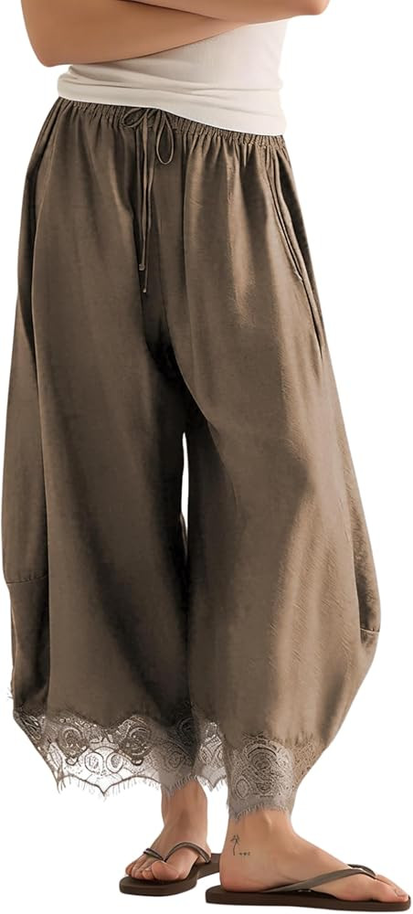 PUWEI Women's Cropped Lace-Hem Pants High Waisted Drawstring Wide Leg Pants Casual Lightweight Tr... | Amazon (US)