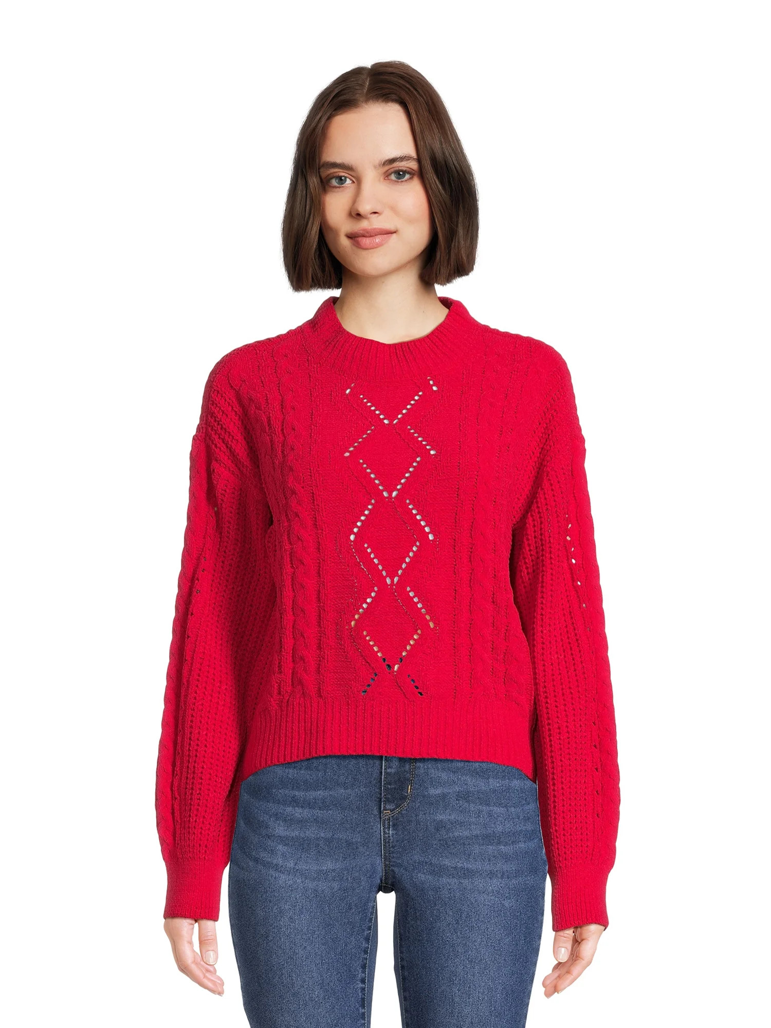 No Boundaries Juniors’ Mock Neck Cable Knit Sweater, Midweight, Sizes XS-XXXL | Walmart (US)