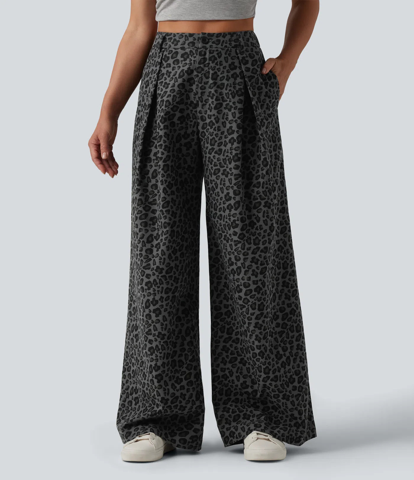 Women’s Mid Rise Wide Leg Leopard Print Casual Pants with Pockets - Halara | HALARA