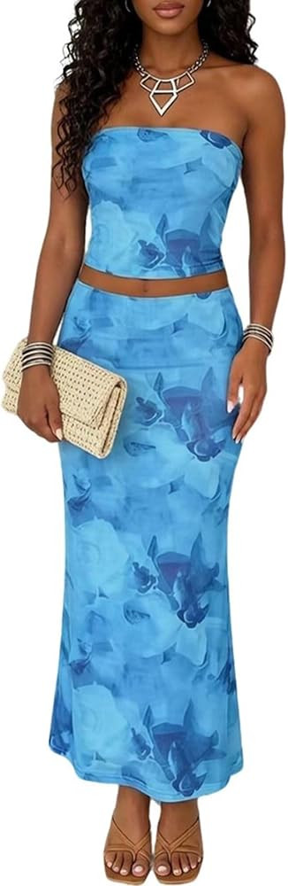 ThusFar Sexy 2 Piece Skirt Sets for Women Summer Floral Tube Top Bodycon Maxi Skirts Y2k Beach Va... | Amazon (US)