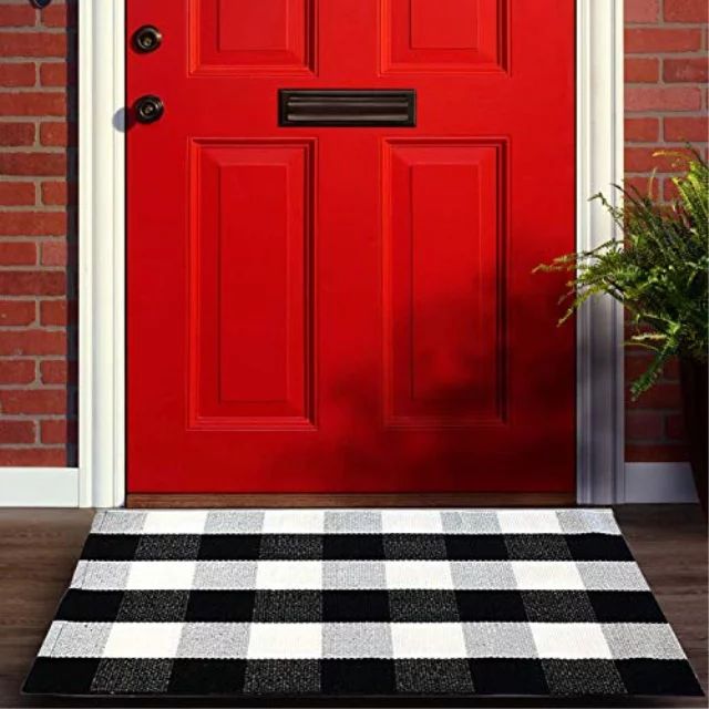 buffalo plaid check outdoor rug | 24x36 checkered doormat, washable door mat, cotton buffalo blac... | Walmart (US)