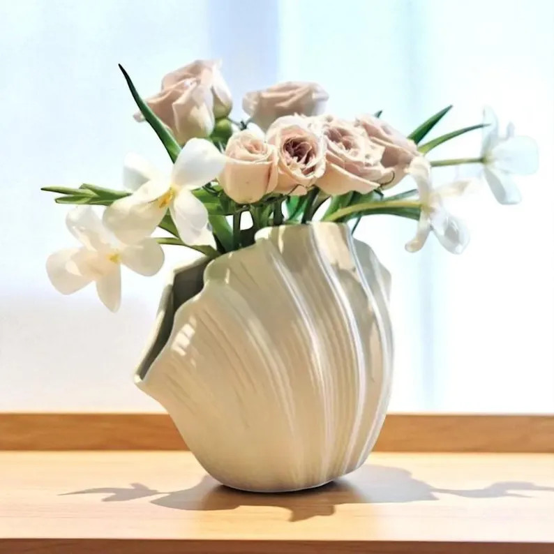 White Ceramic Seashell Vase – Coastal Chic Home Décor Accent | Etsy (US)