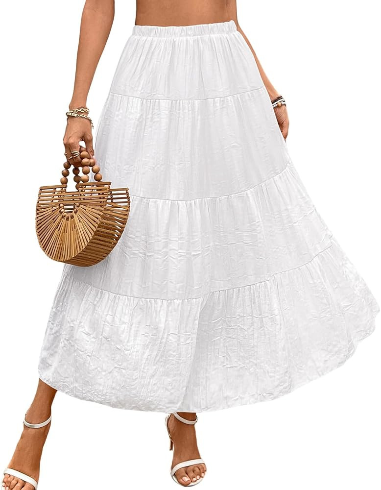 Women's Long Skirt Summer Flowy Boho Maxi Tiered A-Line Elastic High Waist Pleated Beach Dress | Amazon (CA)