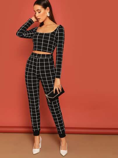 Scoop Neck Grid Print Crop Tee & Pants Set | SHEIN