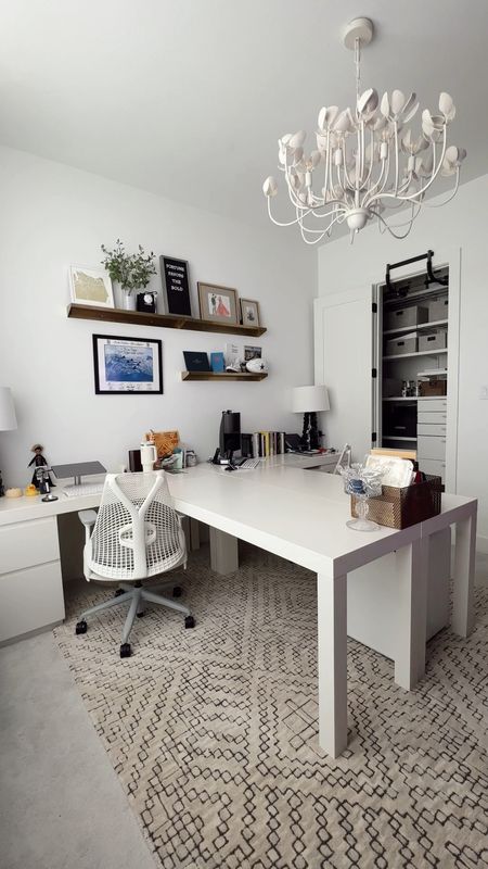 Home office with L-shaped desks, the most comfortable office chairs, laptop stand, table lamps and office organization. Also linking our gold floating shelves and other office essentials. 

#LTKhome #LTKstyletip #LTKSeasonal