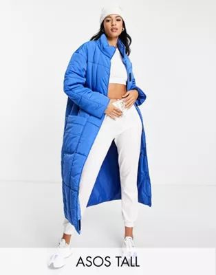 ASOS DESIGN Tall quilted longline puffer coat in cobalt | ASOS (Global)