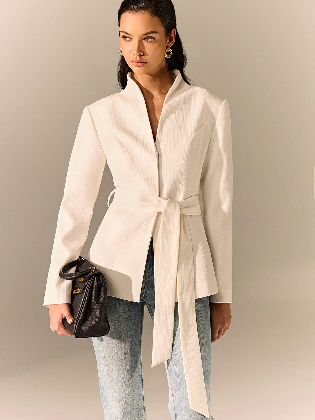 Stand Collar Belted Long Sleeve Blazer | Commense