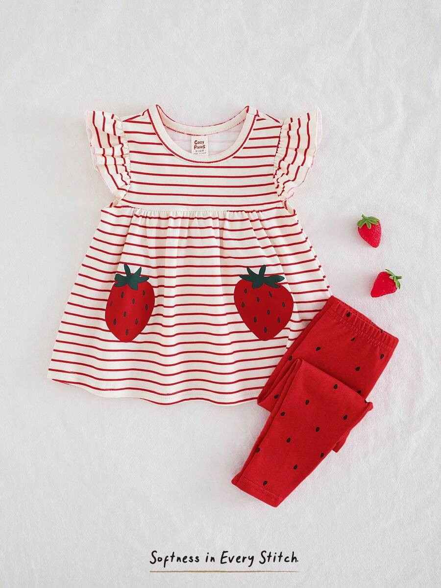 Cozy Pixies Baby Girl Strawberry Pattern Round Neck Ruffle Trim Pullover Top And Elastic Waist Pa... | SHEIN