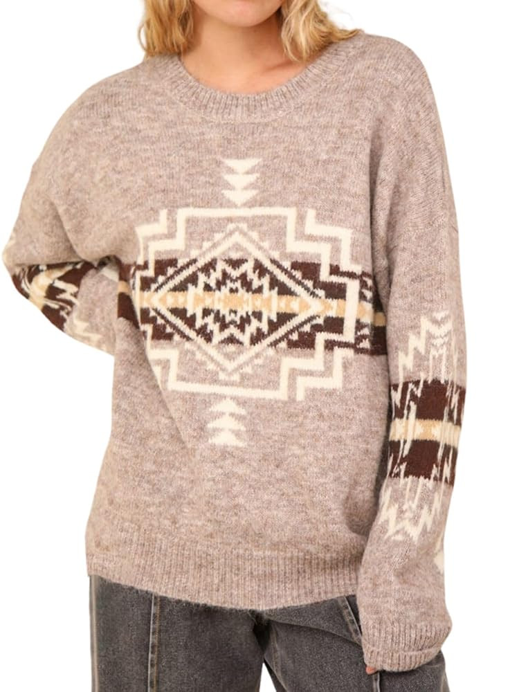 Womens Loose Fit Argyle Graphic Aztec Western Sweater Long Sleeve Crewneck Pullover Tops | Amazon (US)