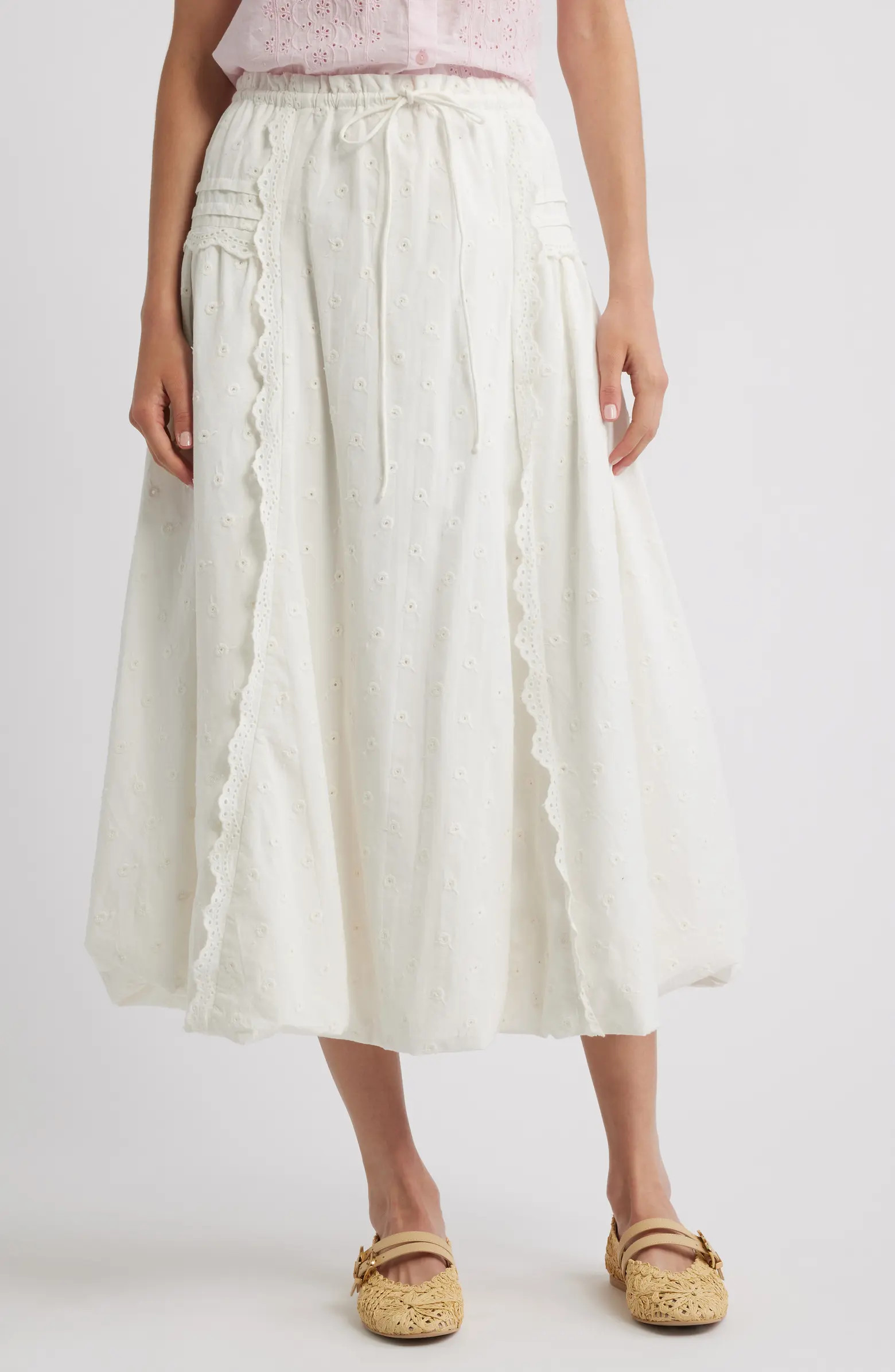 Agatha Lace Trim Embroidered Organic Cotton Midi Skirt | Nordstrom