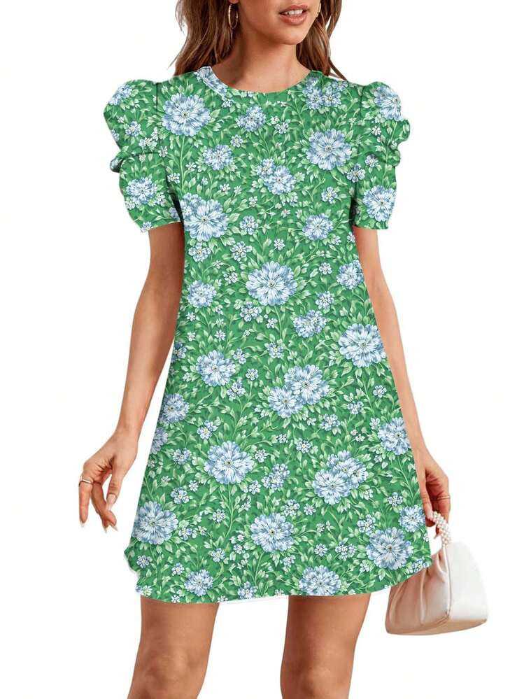 Floral Pattern With Blue Flowers On Green Background Summer Dresses For Women Casual Petal Sleeve... | SHEIN