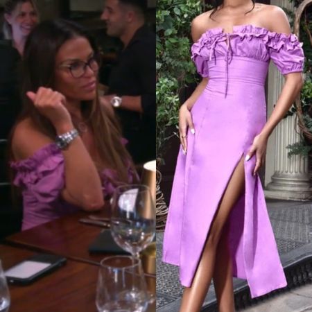 Dolores Catania’s Purple Ruffle Off The Shoulder Dress 