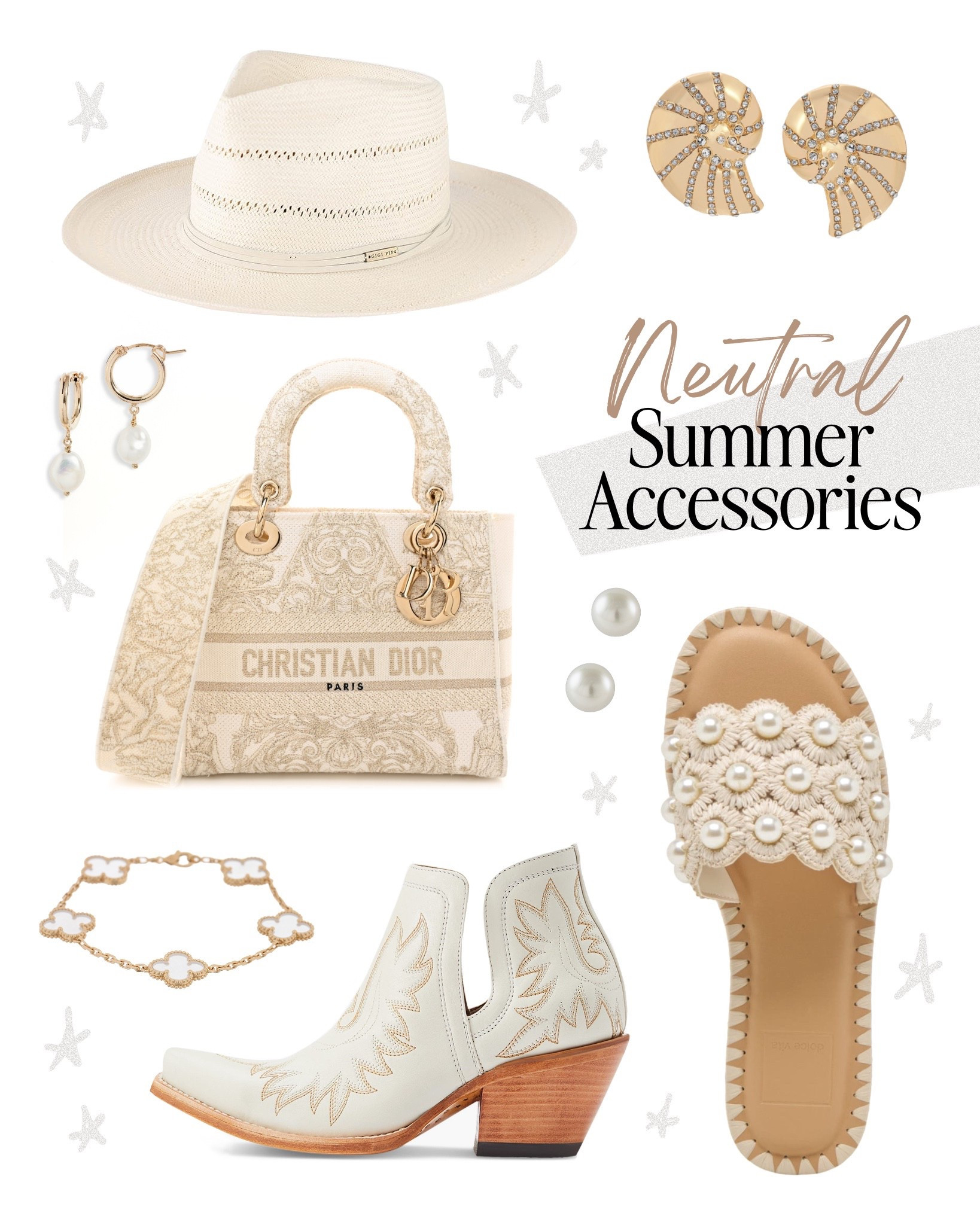 Neutral accessories for summer 🌟 beach, country, dolce vita pearl sandals, straw hat fedora, pearl earrings, dior canvas lady bag luxury, wrist dixon boot, van cleef bracelet 

#LTKOver40 #LTKSeasonal #LTKStyleTip
