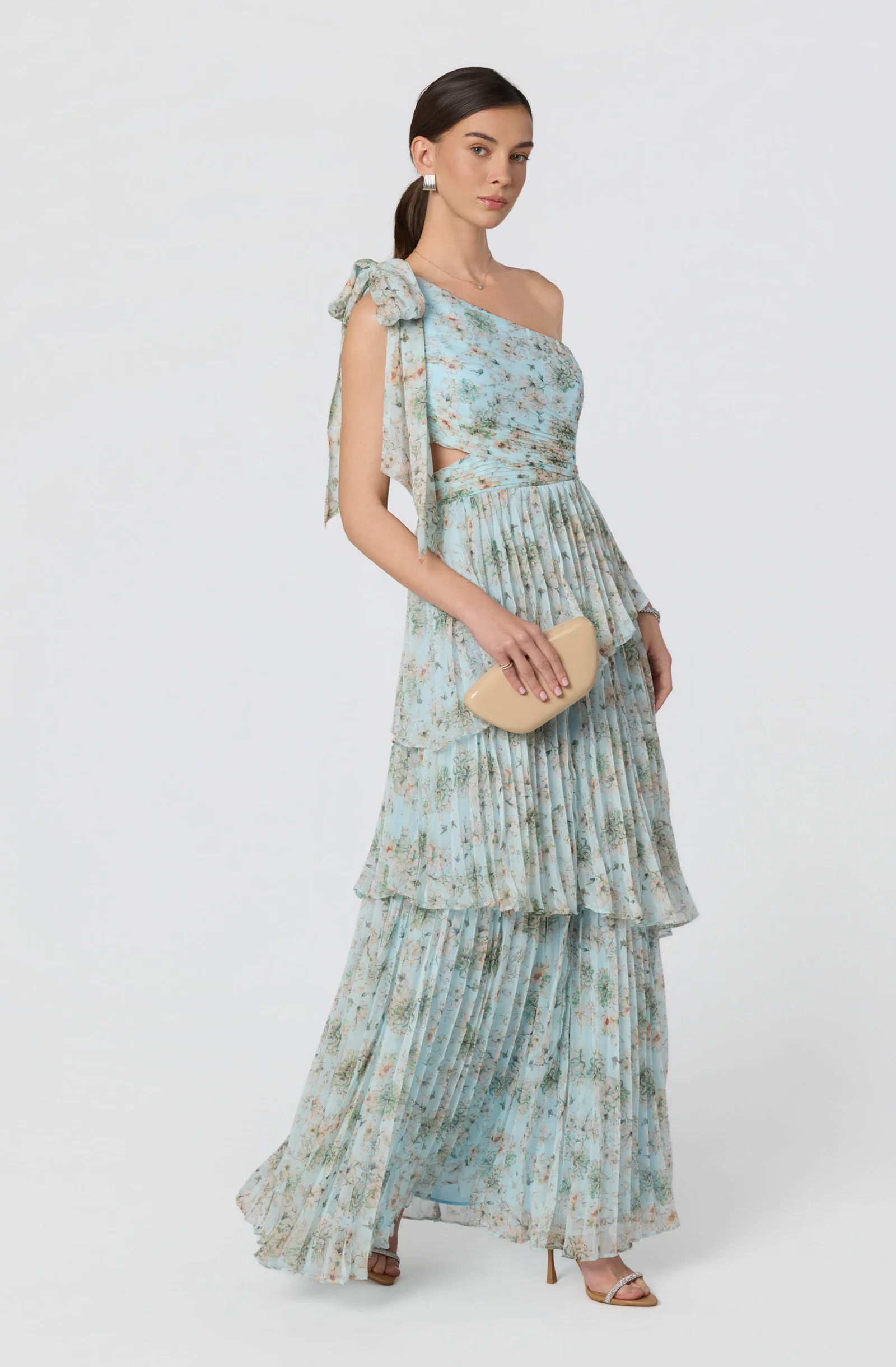 Tearra Floral One-Shoulder Tiered Maxi Dress - Light blue floral / M | ASTR The Label (US)