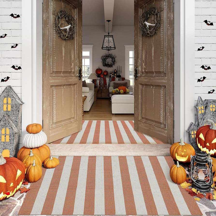 OJIA Fall Front Door Rugs Indoor Washable 3'x5' Rug Orange and White Striped Indoor Outdoor Rugs ... | Amazon (US)