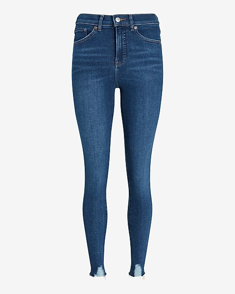 High Waisted Medium Wash Ripped Hem Skinny Jeans | Express