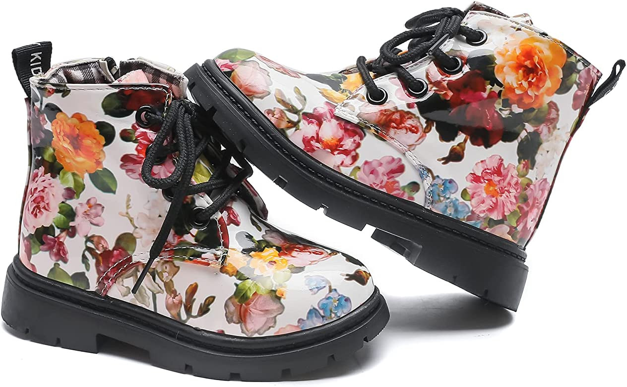 Komfyea Cute Children Boots Floral Print Girl Lace Up Boots （Toddler/Little Kids | Amazon (US)