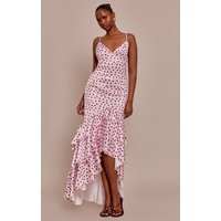 Pink Polka Dot Satin Plunge Extreme Frill Hem Maxi Dress | PrettyLittleThing US