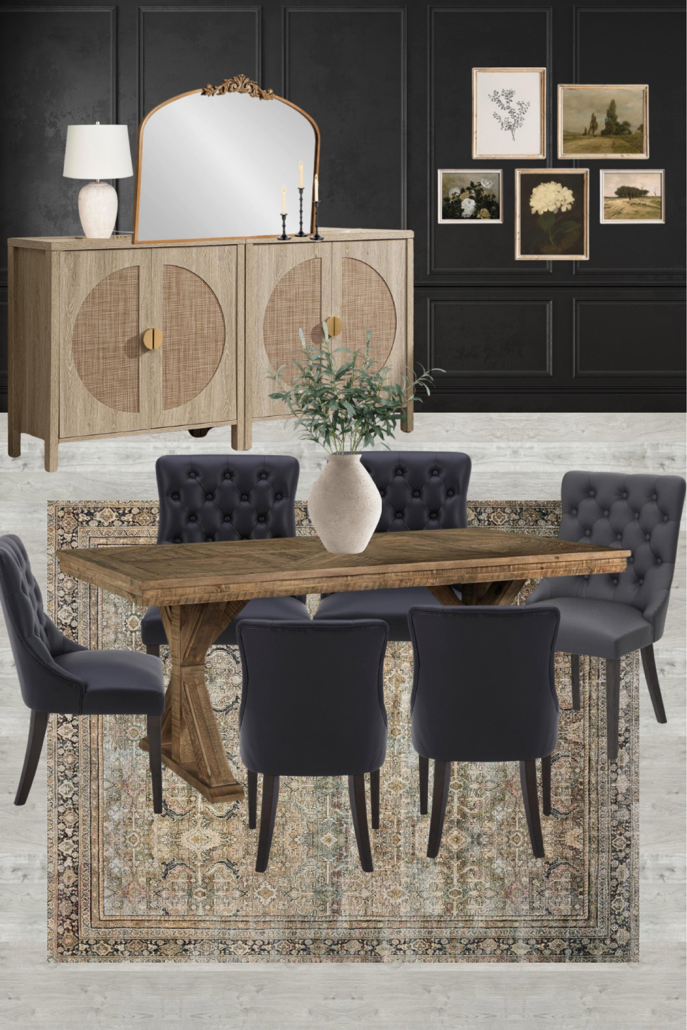 Moody dining room design with a wood dining table and black dining chairs!

#LTKhome