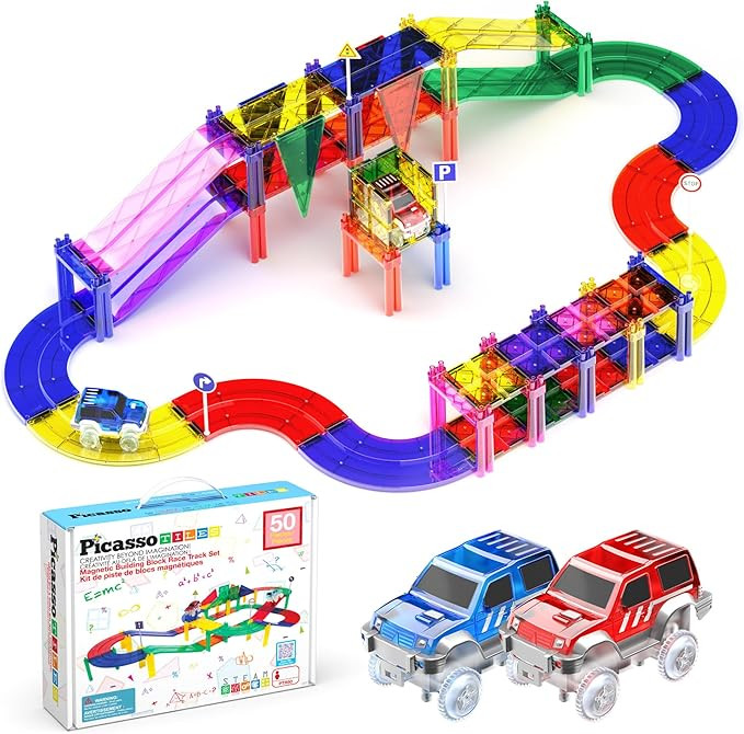 PicassoTiles 50 Piece Race Car Track Building Block Educational Toy Set Magnetic Tiles Magnet DIY... | Amazon (US)