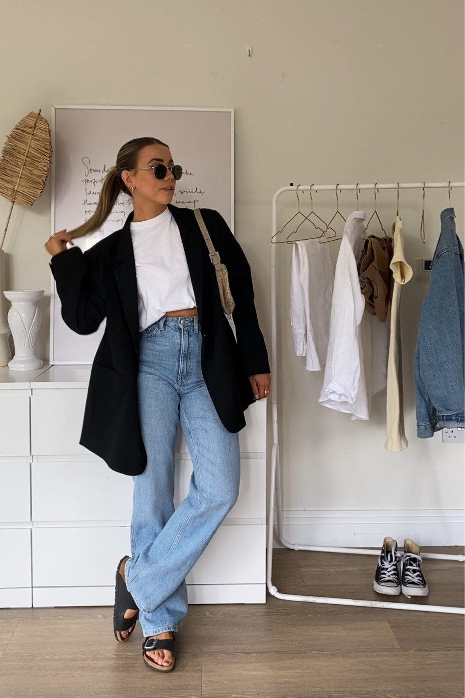 Basic simple spring summer outfit wearing Arizona black birkenstock with blue straight leg jeans and oversized black blazer 🖤 

#LTKtravel #LTKeurope #LTKstyletip