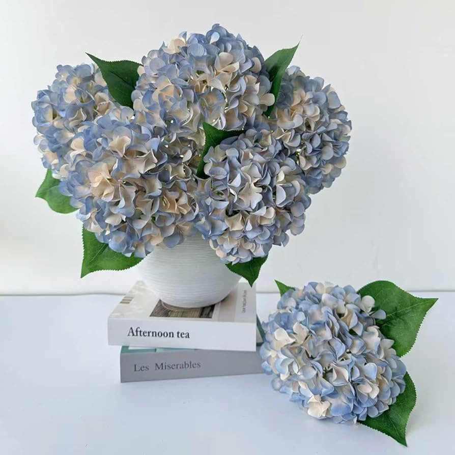 5 Pcs Dusty Blue Silk Hydrangeas Artificial Flower Boho Dried Touch 20'' Faux Hydrangeas for Indo... | Amazon (US)